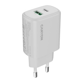 Зарядно устройство Canyon OnCharge 250, от контакт към 1x USB-C(ж), 1x USB-A(ж), 12V, бяло, 25W, QC 3.0 | JAR Computers Canyon CNE-CHA250-21