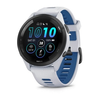 Смарт часовник Garmin Forerunner 265 Tidal Blue, 32.5mm (1.3"), Bluetooth, Wi-Fi, до 13 дни време за работа, множество фитнес функции, профили за бягане, 8GB Flash памет, бял корпус със синьо-бяла каишка | JAR Computers смарт часовник Garmin Forerunner 265 Tidal Blue