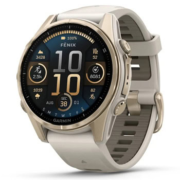 Смарт часовник Garmin fenix 8 43mm (Fog Grey/Dark Sandstone), 1.3" (3.3cm) AMOLED дисплей, Bluetooth, ANT+, Wi-Fi, GPS, 32GB Flash памет, мониторинг на съня, следене на сърдечния ритъм, 10ATM, до 10 дни време на работа, Sapphire/Soft Gold, бежов | JAR Computers Garmin fenix 8 43mm Sapphire/Soft Gold 010-02903-1
