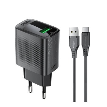 Зарядно устройство Acefast A90, от контакт към 1x USB-A(ж), 12V/1.5A, черно, QC 3.0, кабел от USB-A(м) към USB-C(м) | JAR Computers Acefast A90 Black + cable USB-A(m) to USB-A(m)
