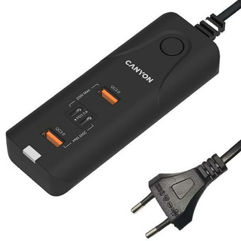 Зарядно устройство Canyon CNE-CHA10B, от контакт към 2x USB-C(ж), 2x USB-A(ж), 40W, Quick Charge 3.0, черно | JAR Computers Canyon CNE-CHA10B
