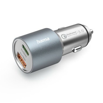 Зарядно устройство за кола Hama 201639, от автомобилна запалка към 1x USB C(ж), 1x USB A(ж), 12V/1.67A, сребристо, 38W, QC 3.0 | JAR Computers Зарядно устройство за кола Hama 201639
