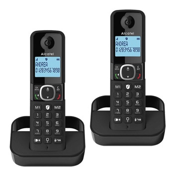 Безжичен DECT телефон Alcatel F860 DUO, 1 линия, адресна памет за 100 номера, функция "свободни ръце", бутон "mute", черен | JAR Computers Безжичен DECT телефон Alcatel F860 DUO черен