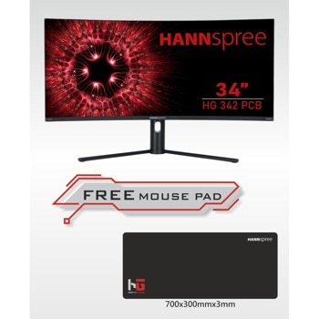 Монитор Hannspree HG342PCB в комплект с пад за мишка (700 x 300 x 3 mm), 34" (86.36cm) VA панел, 144Hz, UWQHD, 1ms, 10 000 000:1, 350cd/m2, HDMI, DisplayPort image