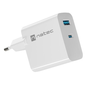 Зарядно устройство Natec Ribera GaN (NUC-2144), от контакт към 1x USB-A(ж), 1x USB-C(ж), 5V/3.25A, бяло, PD 3.0, 65W | JAR Computers NATEC Ribera GaN NUC-2144