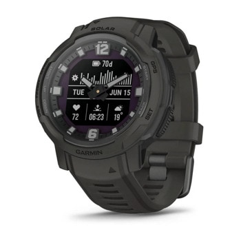 Смарт часовник Garmin Instinct Crossover Solar Graphite, хибриден, MIP дисплей, 23 x 23 mm (0,9" x 0,9"), до 28 дни време за работа, слънчево зареждане, 64 MB Flash памет, GPS, пулсомер, Bluetooth, крачкомер, тъмносив | JAR Computers смарт часовник Garmin Instinct 010-02730-01