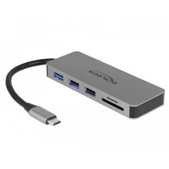 Докинг станция DeLock 87743, от USB C към 1x USB C(PD), 3x USB A, 1x HDMI, 1x SD/MicroSD четец, сива | JAR Computers DeLock 87743