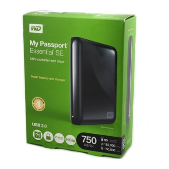Твърд диск 750GB WD My Passport™ Essential SE 3.0 черен/сребрист/син, 2.5" (6.35 cm), външен, 256bit криптиране, автоматичен "backup", USB3.0 (+захранване през USB), 2г гаранция | JAR Computers 750GB WD My Passport Essential SE 3.0