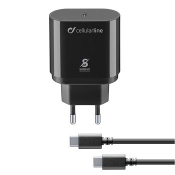 Зарядно устройство Cellularline 6489, от контакт към USB Type-C(ж), 25W PD Super Fast Charge технология, черно, с включен кабел USB Type-C | JAR Computers Cellularline IT6489 220V USB C - USB C 25W Черно