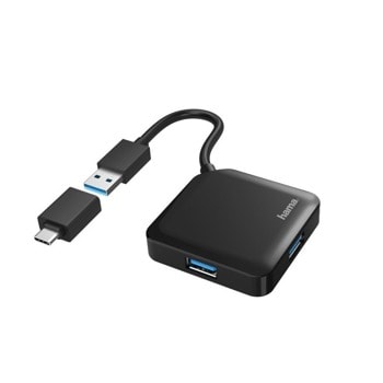USB Хъб Hama 200116, 4 порта, от USB Type-A към 4x USB 3.2 Type-A, USB-C адаптер, 5000 Mbit/s, черен | JAR Computers HAMA 200116