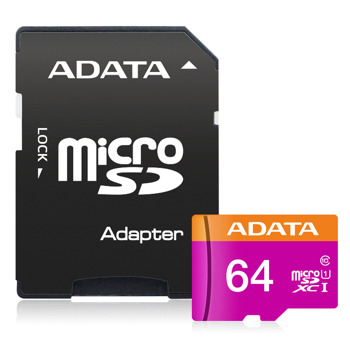 Карта памет 64GB microSDXC с адаптер, A-Data Premier, Class 10, UHS-I, скорост на четене 50MB/s, скорост на запис 10MB/s image