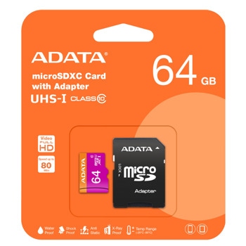 Карта памет 64GB microSDHC, с SD адаптер, A-Data Premier AUSDX64GUICL10-RA1, Class 10 UHS-I, скорост на четене до 80MB/s, скорост на запис до 10MB/s | JAR Computers 64GB microSDXC A-Data Premier AUSDX64GUICL10-RA1