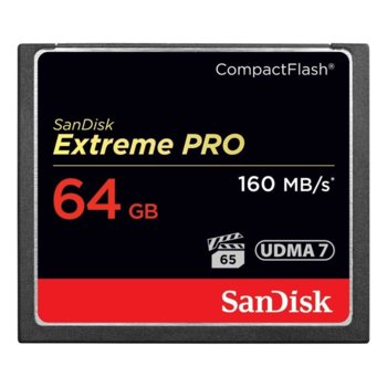 Карта памет 64GB CompactFlash SanDisk Extreme PRO, VPG-65, скорост на четене 160MB/s, скорост на запис 150MB/s | JAR Computers SANDISK Extreme PRO CompactFlash 64GB
