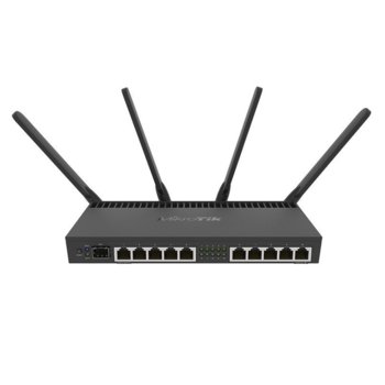 Рутер MikroTik RB4011iGS+5HacQ2HnD-IN, 2000Mbps, 2.4GHz(300Mbps), 5GHz(1733Mbps), Wireless AC, 10x LAN 10/100/1000 Mbps, 1x SFP+, PoE, 4x външни антени | JAR Computers MikroTik RB4011iGS+5HacQ2HnD-IN