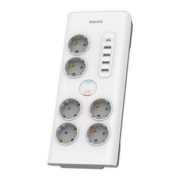 Разклонител Philips SPN7060WA/58, 6 гнезда, 1x USB Type C, 4x USB, защита от пренапрежение, 2m, бял | JAR Computers Philips SPN7060WA/58