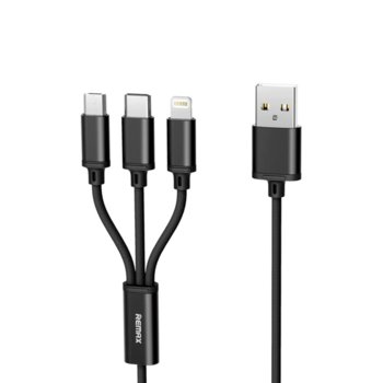 Кабел Remax RC-131th, от USB A(м) към USB microB(м)/USB C(м)/Lightning(м), 1.2m, черен | JAR Computers Remax RC-131th