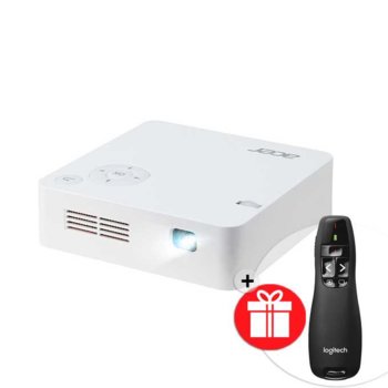 Проектор Acer C202i с подарък лазерна показалка Logitech R400, DLP, WVGA (854х480), 5.000:1, 300 lm, Wi-Fi, HDMI, USB, вградена батерия, бял | JAR Computers Acer Projector C202i + Logitech R400