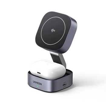 Безжично зарядно Ugreen 35316, двойна поставка за безжично зареждане Qi2, USB-C(ж), 9V/3A, сиво, 20W | JAR Computers Ugreen 35316