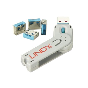 Система за заключване LINDY 40452, за USB Type A портове, 1x ключ, 4x блокера, сини | JAR Computers LINDY USB Port Blocker Blue 40452