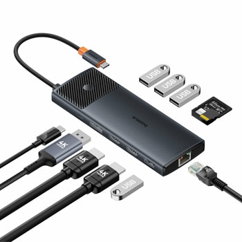 Докинг станция Baseus Metal Gleam Series II 11-in-1 Hub (B00061801123-00), от USB C към 1x USB-C (PD), 4x USB A, 2x HDMI, 1x DisplayPort, 1x RJ45, 1x SD/MicroSD четец на карти, черна | JAR Computers Baseus Metal Gleam Series II B00061801123-00