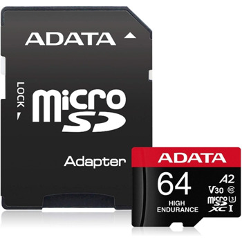 Карта памет 64GB microSDHC с адаптер, Adata High Endurance AUSDH32GUI3V30SHA2-RA1, UHS-I U3, скорост на четене 100МB/s, скорост на запис 80MB/s | JAR Computers Adata 64GB MicroSDXC AUSDX64GUI3V30SHA2-RA1