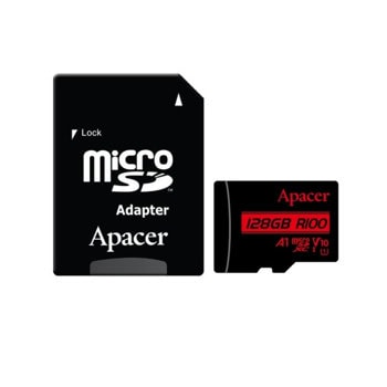 Карта памет 128GB MicroSDXC с адаптер, Apacer U1 V10, Class 10, UHS-I, скорост на четене до 100MB/s | JAR Computers Карта памет Apacer 128GB MicroSDXC с адаптер