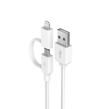Кабел Devia 2 in 1, от USB-A(м) към micro USB Type B(м) и Lightning(м), 1m., бял | JAR Computers Devia USB to microUSB and Lightning