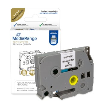 Касета с лента за етикетен принтер MediaRange MRBTZ231, съвместима с Brother TZ-231 / TZe-231, черно върху бяло, 12mm x 8m, ламинирана | JAR Computers MediaRange MRBTZ231