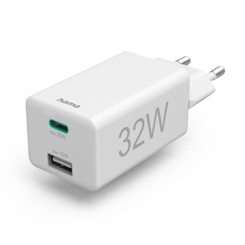 Зарядно устройство HAMA 201691, от контакт към 1x USB-C(ж), 1x USB-A(ж), бързо зареждане, 20W PD през USB-C, 12W през USB-A, бяло | JAR Computers Зарядно HAMA-201691