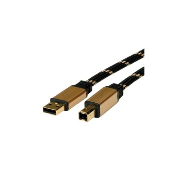 Кабел Roline 11.02.8802, USB A(м) към USB B(м) 1.8m, черен/златист | JAR Computers Roline USB A(м) към USB B(м) 1.8m 11.02.8802