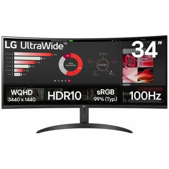 Монитор LG 34WR50QK-B, 34" (86.36cm) VA Curved панел, 100Hz, WQHD, 5ms, 3000:1, HDR10, 300cd/m2, DisplayPort, HDMI | JAR Computers LG 34WR50QK-B