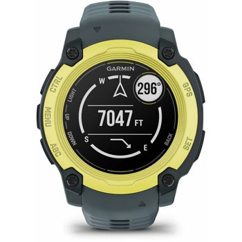 Смарт часовник Garmin Instinct E - 40mm Electric Lime Twilight, 40 mm, дизайн с два прозореца, 0.86" x 0.86" (2.2 cm) MIP дисплей, Bluetooth, ANT+, GPS, 128MB вградена памет, мониторинг на съня, компас, 10ATM, до 14 дни време На работа, черно-жълт | JAR Computers Garmin Instinct E - 40 мм Electric Lime Twilight