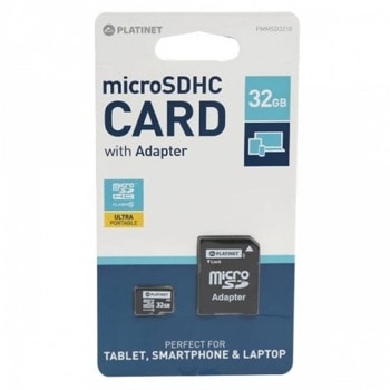 Карта памет 32GB, Micro SD, с адаптер, Platinet CL10+ADAPT, Class 10/UHS-I | JAR Computers Platinet 32GB Micro SD CL10+ADAPT