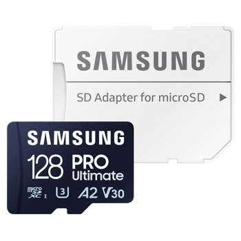 Карта памет 128GB MicroSDXC с адаптер, Samsung PRO Ultimate, Class UHS-I U3, скорост на четене до 200MB/s, скорост на запис до 130MB/s | JAR Computers Samsung MB-MY128SA/WW