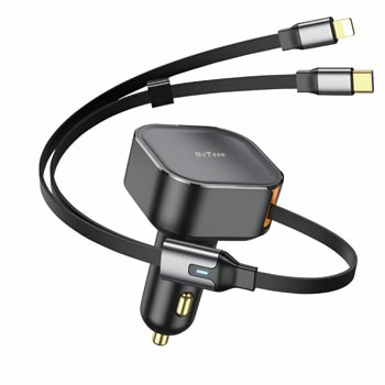 Зарядно устройство DeTech DE-C53, за кола, от автомобилна запалка към 1x USB-C(ж), 1x Lightning(ж), 12V/2.5A, черно, 30W | JAR Computers DeTech DE-C53 40519
