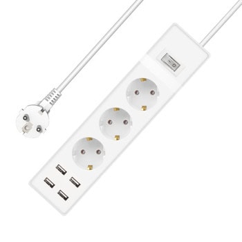 Разклонител 17886, 3 гнезда, 4x USB-A, бутон за вкл./изкл., 3m кабел, бял | JAR Computers Разклонител 17886