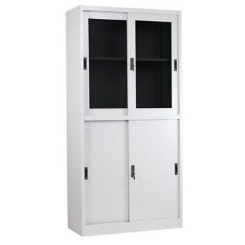 Метален шкаф Carmen CR-1269 KM, 3x рафта, 2х плътни плъзгащи врати, 2х плъзгащи врати с прозорци, прахово боядисан, метален, сив image