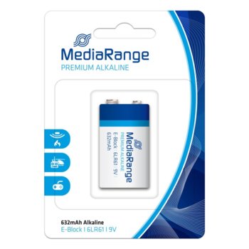 Батерия алкална MediaRange Premium E-Block MRBAT107 6LR61, 9V, 632mAh, 1бр. | JAR Computers Батерии MEDIARANGE PREMIUM E-BLOCK 6LR61 MRBAT107
