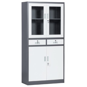Метален шкаф Carmen CR-1247 E SAND, 2x рафтове, 2x шкафове, 2x чекмеджета, прахово боядисан, метален, заключване на вратите, регулируема височина на рафтовете, сив/бял image