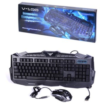 Комплект клавиатура и мишка Royal V-100, 1600 DPI, LED подсветка, USB, черни image