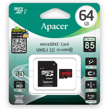 64GB Apacer MicroSDXC UHS-I AP64GMCSX10U5-R