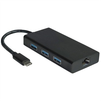 Мрежови адаптер Roline Value 12.99.1109, от USB Type C 3.1 към 10/100/1000 RJ-45, 3x USB 3.2, черен | JAR Computers Roline Value 12.99.1109