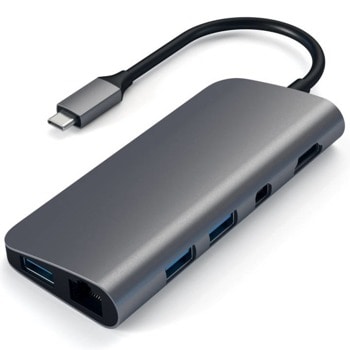 Докинг станция Satechi USB-C Multimedia Adapter Grey (ST-TCMM8PAM), 1x USB-C 3.1, 3x USB 3.0, HDMI, Mini DisplayPort, RJ-45, SD/Micro SD четец на карти, сива image