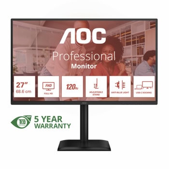 Монитор AOC 27E4CV, 27" (68.58 cm) IPS панел, 120Hz, Full HD, 4ms, 300cd/m2, DisplayPort, HDMI, USB, USB-C, LAN | JAR Computers AOC 27E4CV