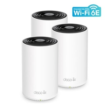 Безжична Wi-fi система TP-Link Deco XE75 (3-pack), 5400Mbps, 2.4GHz (574 Mbps), 5GHz (2402 Mbps), 6GHz (2402 Mbps), Wireless AX, 3x LAN/WAN, 4 вътрешни антени, 3x броя | JAR Computers TP-Link Deco XE75 (3-pack) AXE5400