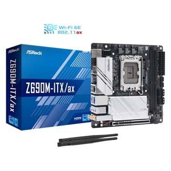 Дънна платка ASRock Z690M-ITX/ax, Z690, LGA1700, DDR4, PCIe 5.0 (HDMI&DP), 4x SATA 3 6.0 Gb/s, 1x M.2, 4x USB 3.2 Gen2, Wi-Fi 6, Bluetooth, Mini ITX | JAR Computers ASRock Z690M