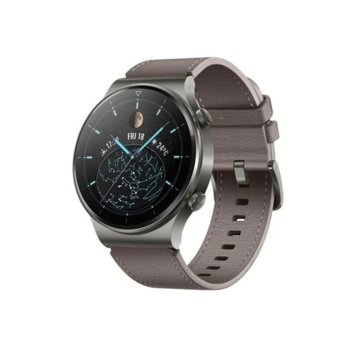 Смарт часовник Huawei Watch GT 2 Pro (Nebula Gray), 1.39" (3.53 мм) AMOLED дисплей, 4GB памет, до 14 дни живот на батерията, водоустойчив, Bluetooth, безжично зареждане, сив с Gray Brown Leather каишка image