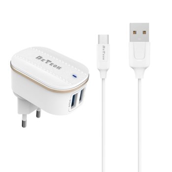 Зарядно устройство DeTech DE-15M, от контакт към 2x USB Type A(ж), 5V, 3.1A, бяло, с включен USB micro B(м) кабел | JAR Computers delphi_40096