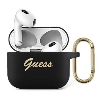 Защитен калъф Guess AirPods 3 Silicone Vintage Script Case, за Apple Airpods 3, силиконов, с карабинер, черен | JAR Computers Guess AirPods 3 Silicone Vintage Script Case