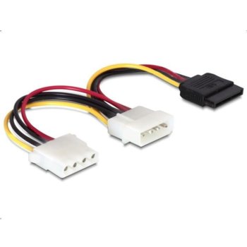 Захранващ кабел DeLock 60103, SATA 15pin(ж) към 2x Molex 4pin(м/ж), 0.15m | JAR Computers DeLock SATA 15 pin - 2x molex 4pin 60103